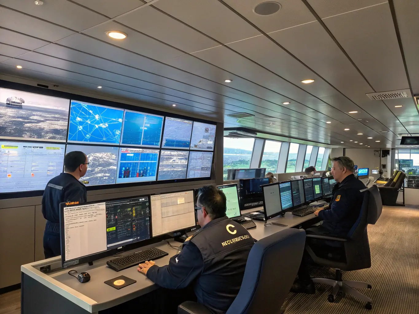 A high-angle shot of a modern maritime communication center, showcasing advanced technology and collaborative workspaces, symbolizing Ployon's commitment to facilitating dialogue within the maritime industry.