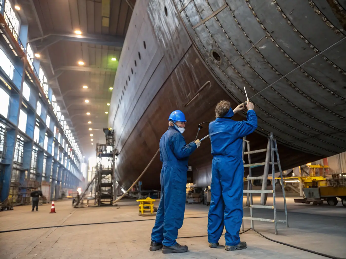 A close-up shot of a naval engineer inspecting a vessel's engine, highlighting the precision and expertise involved in Ployon's maintenance program advisory services.